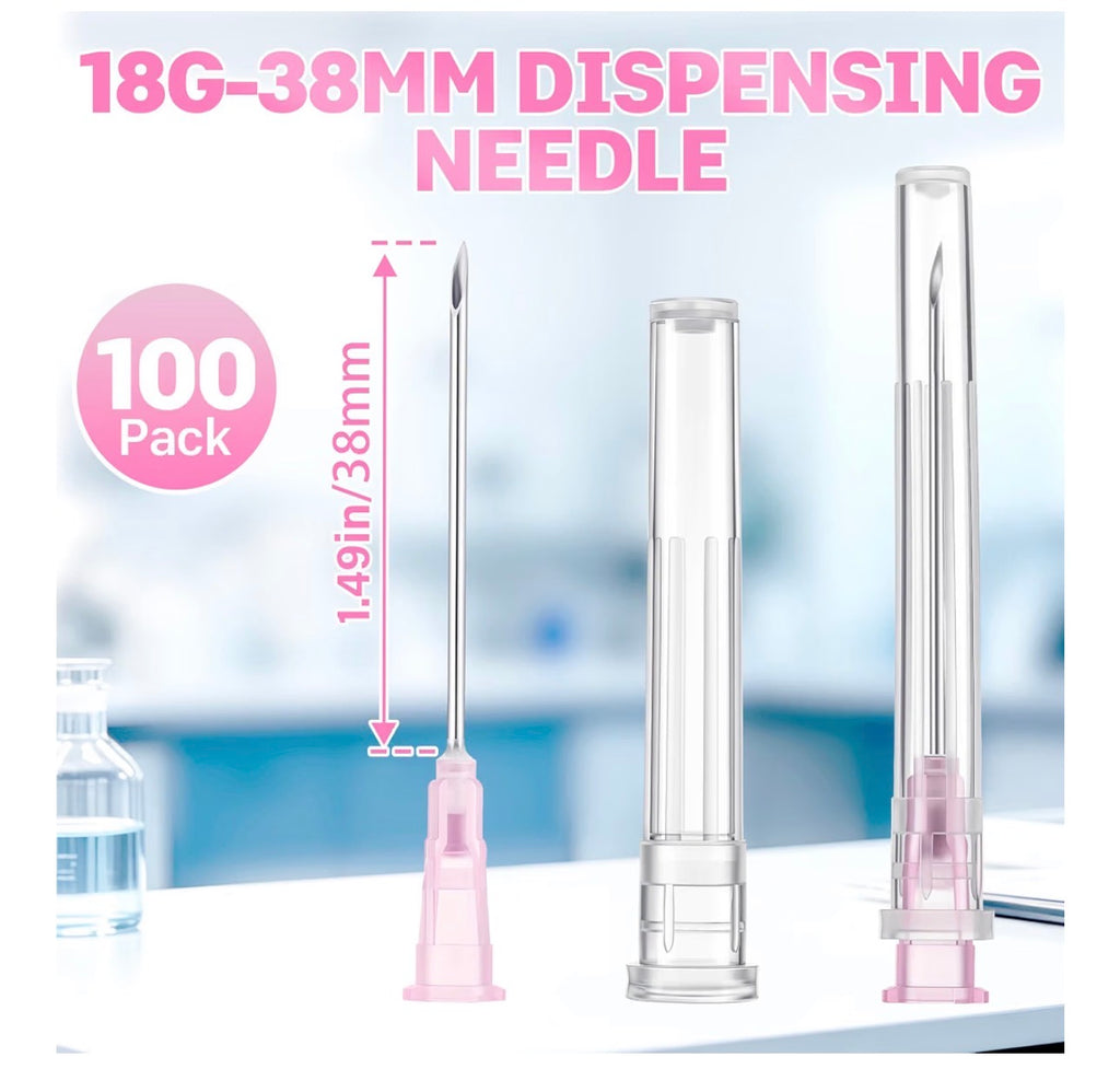 18G x 38mm Disposable Dispensing Needles – 100 Pack