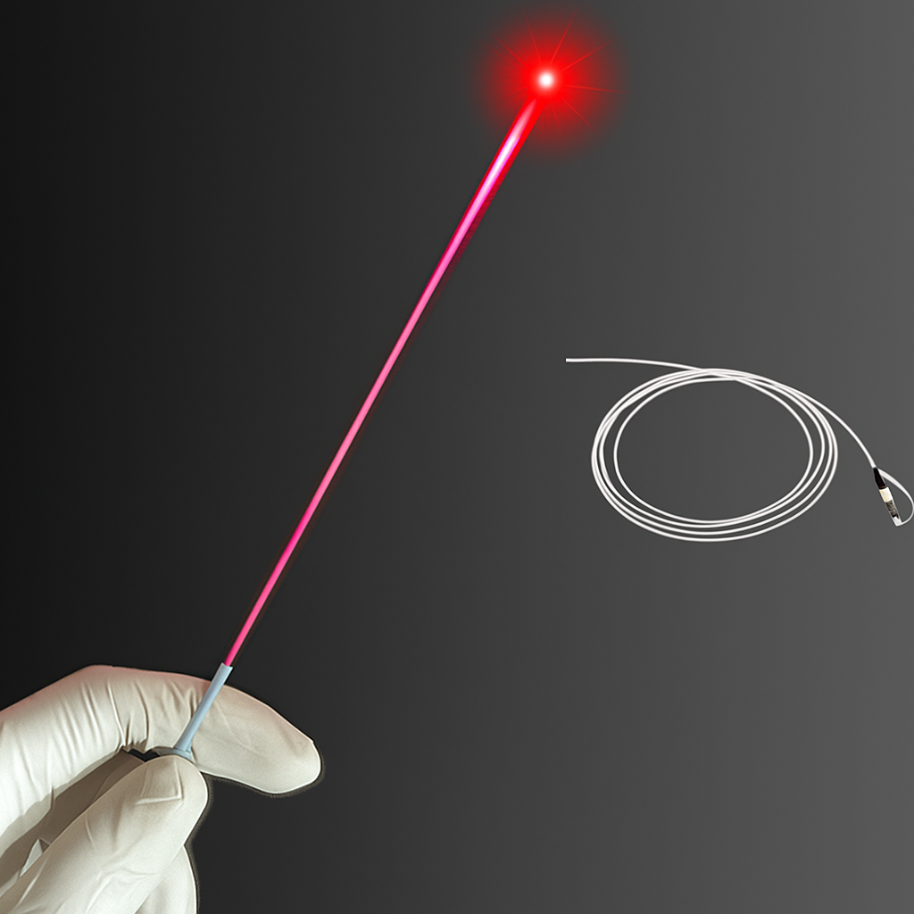 Laser pointer held by a gloved hand with a coiled cable on a dark background